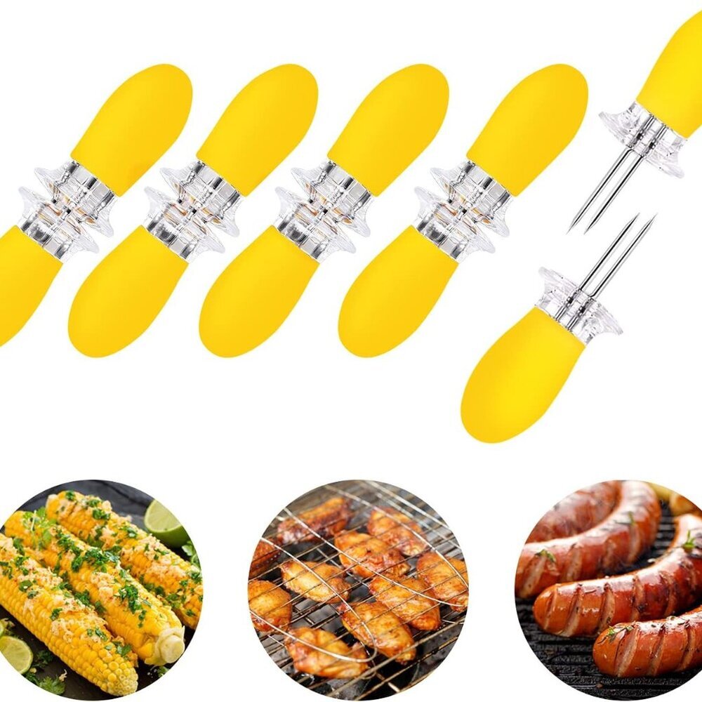 10Pcs/5 Pairs Yellow Corn Cob Holders Stainless Steel Fork Skewers for Corn On T